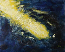 An abstract painting of a rough blue field with a yellow white light stabbing in from the upper left. It might be a falling star, or a reflection in of light in water.