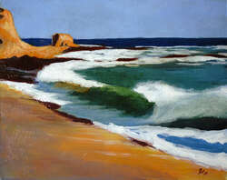 Painting of waves crashing over racks and onto a beach with cliffs in the distance.